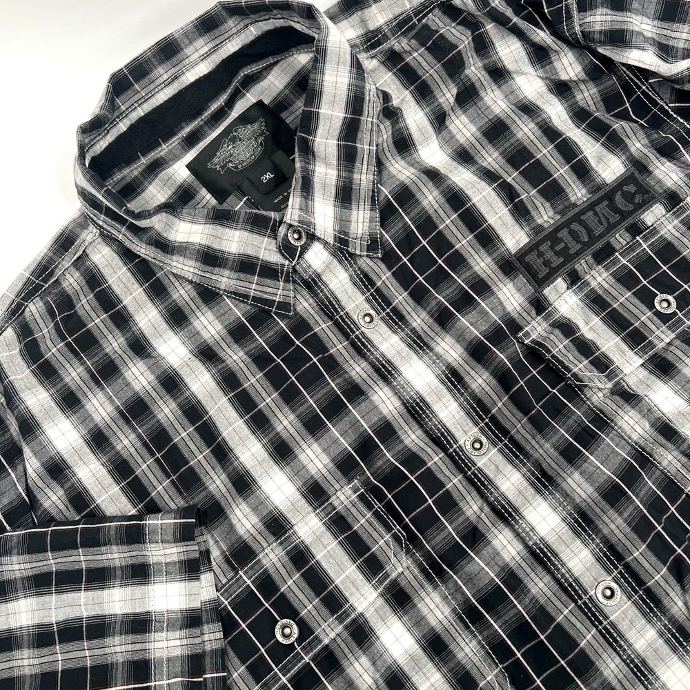 HARLEY DAVIDSON Men's Size 2XL Black Plaid Short-Sleeve Snap-Front Shirt Patches